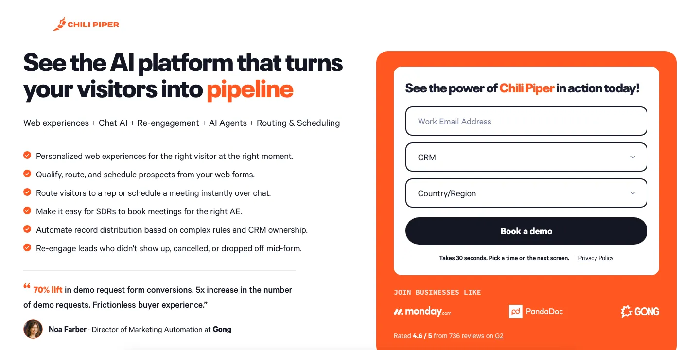 Chili Piper landing page featuring the headline "See the AI platform that turns your visitors into pipeline", customer quote, and a 3-field form on the right with a bold CTA button saying "Book a demo".