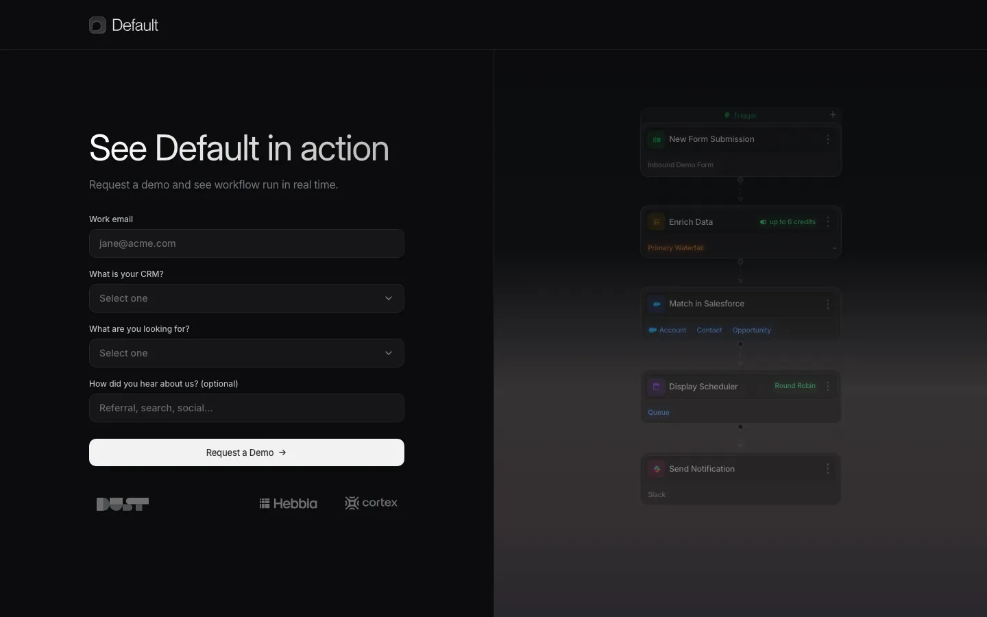 Default demo request page featuring a form asking for Work email, CRM type, needs, and acquisition channel alongside a interactive visual model of an automated workflow on the right.