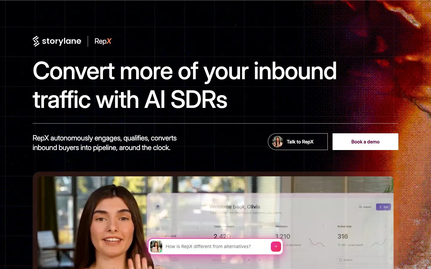 Storylane RepX campaign page showing the main headline "Convert more of your inbound traffic with AI SDRs" along with two side-by-side call-to-action buttons: "Talk to RepX" and "Book a demo".