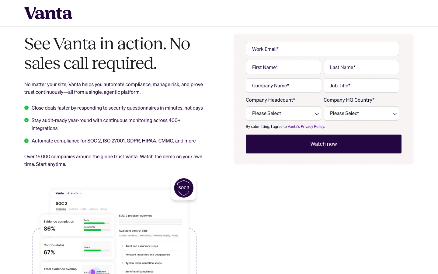 Vanta landing page featuring the hero headline "See Vanta in action. No sales call required.", key value points, social proof, a preview of the product interface, and a form on the right asking for work email, name, job title, company name, headcount, and country.