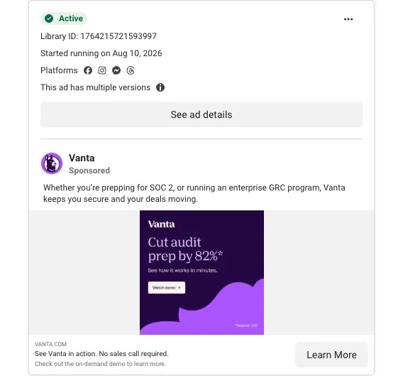 Meta sponsored ad for Vanta highlighting "Cut audit prep by 82%*" with a headline reading "See Vanta in action. No sales call required." and a "Learn More" button.