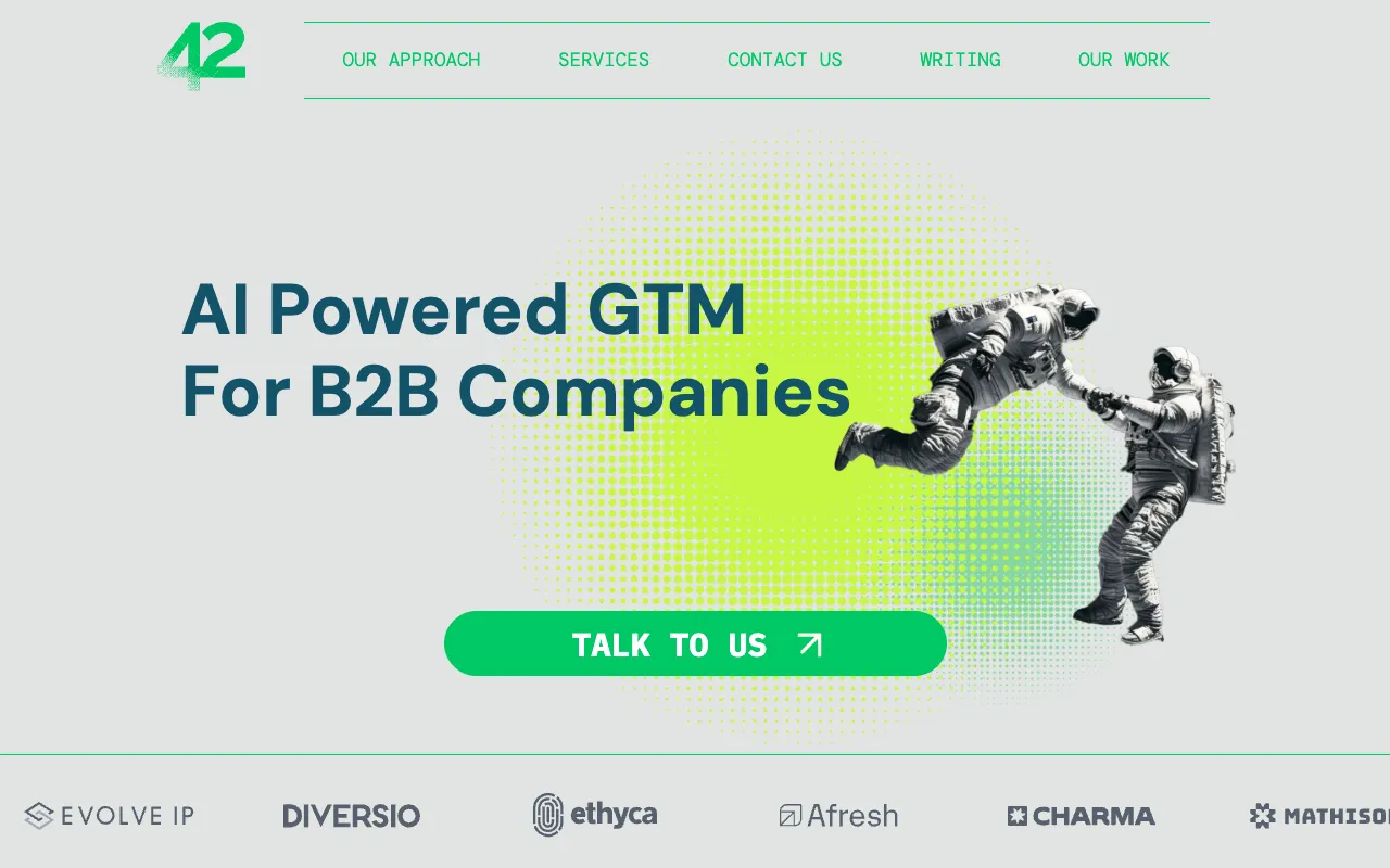 42 Agency website landing section with green accents showcasing the title 'AI Powered GTM For B2B Companies' and artwork of two astronauts in space.