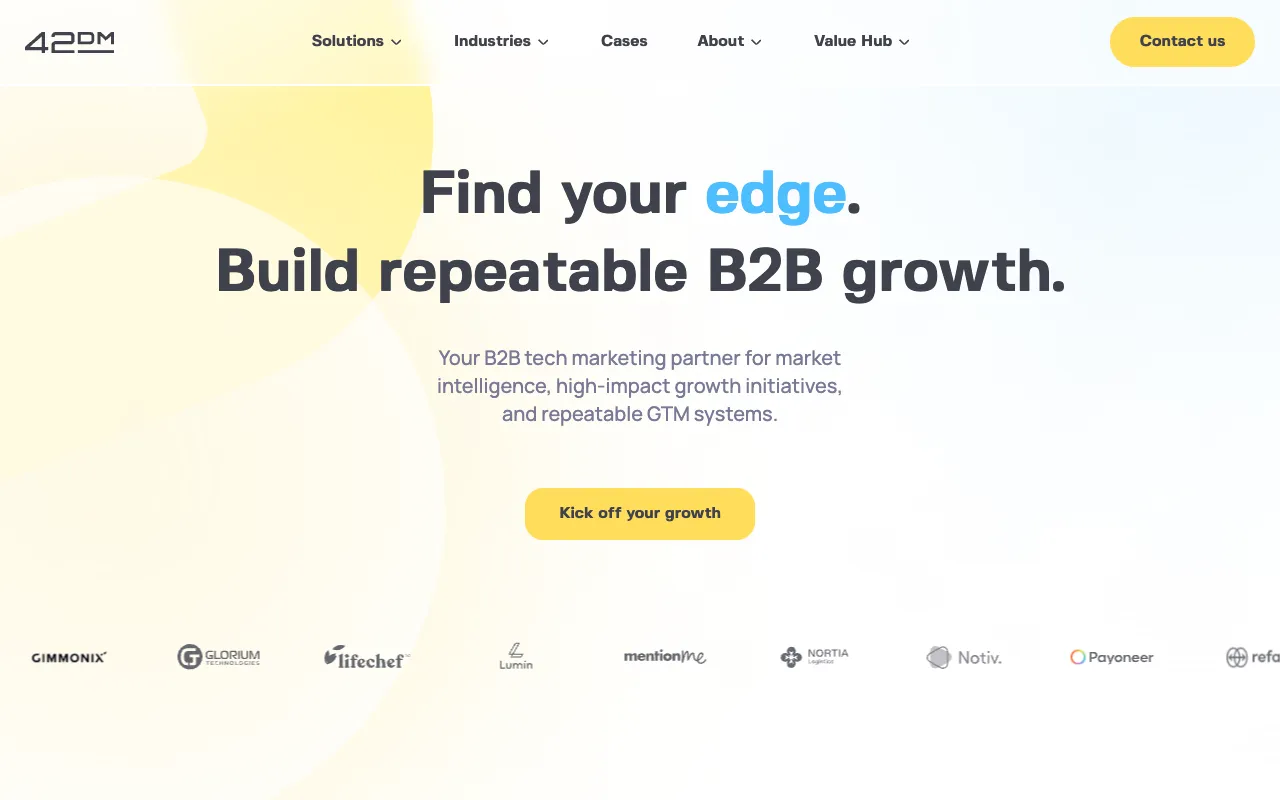 42DM agency website homepage with the bold statement 'Find your edge. Build repeatable B2B growth.' alongside client logos like Payoneer and MentionMe.