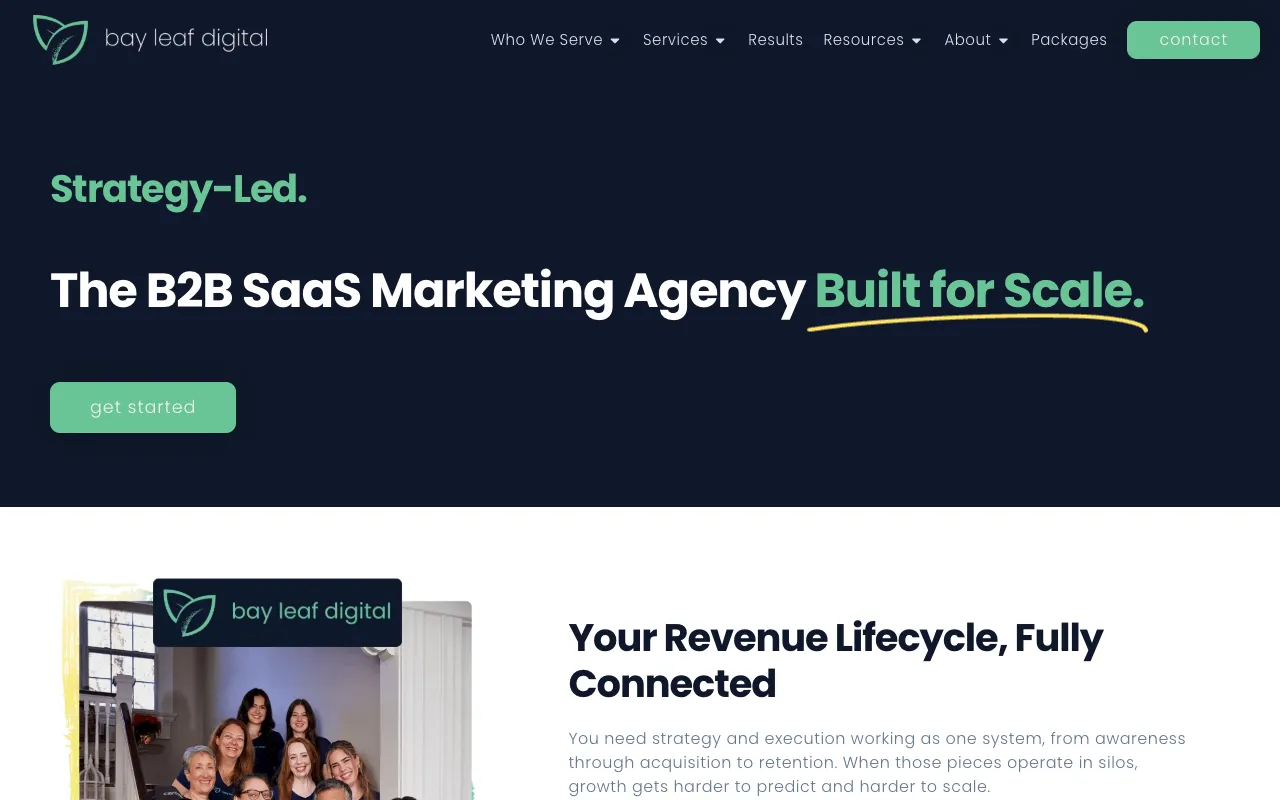 Bay Leaf Digital website hero banner reading 'Strategy-Led. The B2B SaaS Marketing Agency Built for Scale.' with a section below titled 'Your Revenue Lifecycle, Fully Connected'.