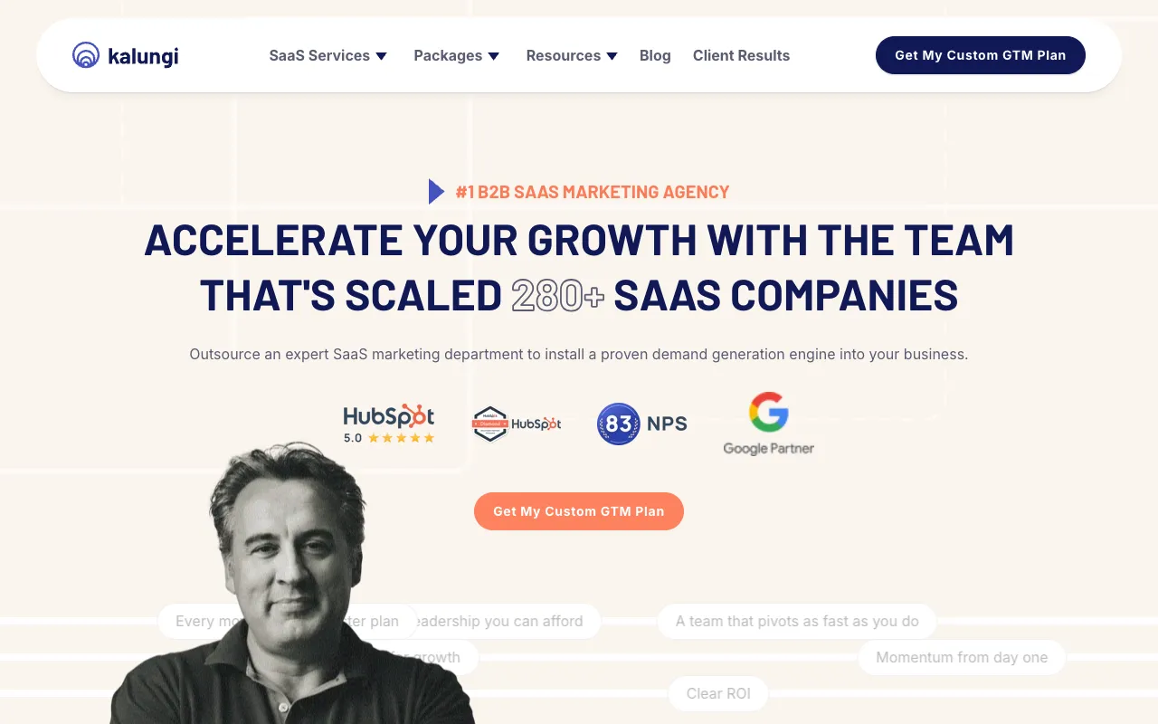 Hero section of the Kalungi website displaying the headline 'Accelerate your growth with the team that's scaled 280+ SaaS companies' alongside partner badges and client benefits.