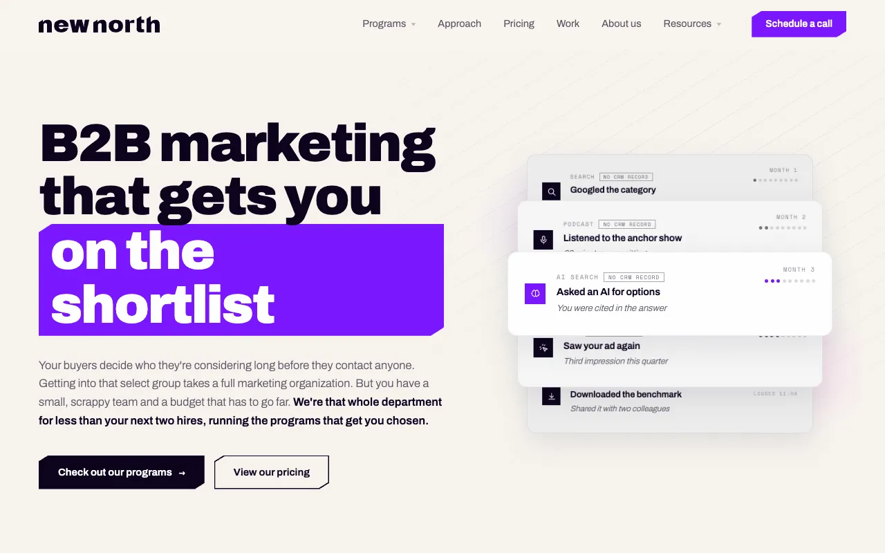 New North agency homepage featuring the heading 'B2B marketing that gets you on the shortlist' alongside visual UI cards representing buyer touchpoints.