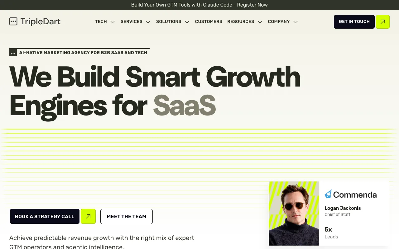 Hero section of the TripleDart website with the main headline 'We Build Smart Growth Engines for SaaS' and navigation options for tech, services, and solutions.