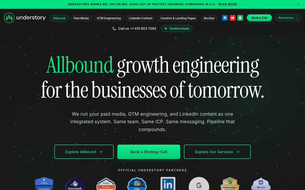 Understory agency homepage displaying the title 'Allbound growth engineering for the businesses of tomorrow' with call-to-action buttons and official partner badges.