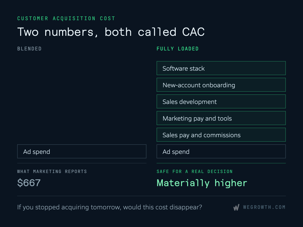 Two numbers, both called CAC infographic comparing Blended CAC (ad spend only) and Fully Loaded CAC (incorporating software stack, onboarding, sales development, and salaries).